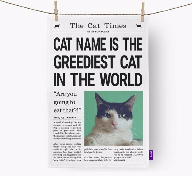 The {breedShortName} Times 'Greediest Cat In The World' Personalised Dish Towel
